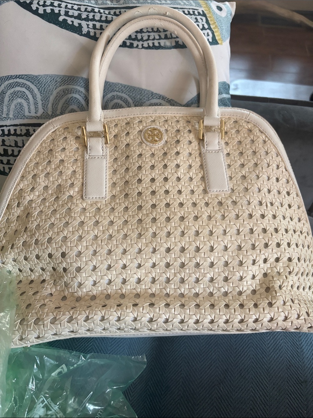 Tory Burch Cream Woven Dome Satchel